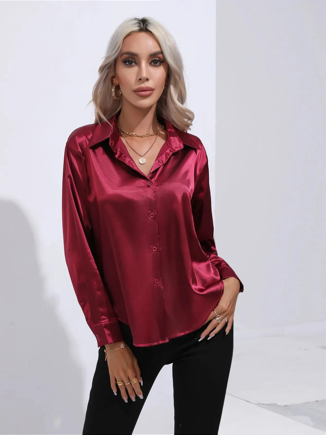 Celmia Office Lady Satin BlouseLong Sleeve