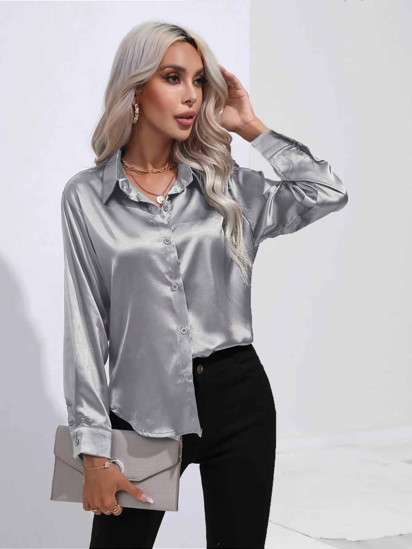 Celmia Office Lady Satin BlouseLong Sleeve