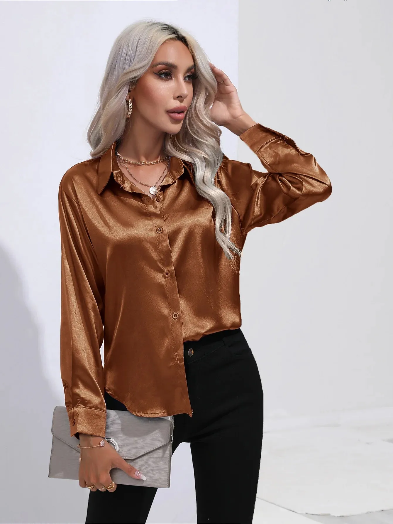 Celmia Office Lady Satin BlouseLong Sleeve