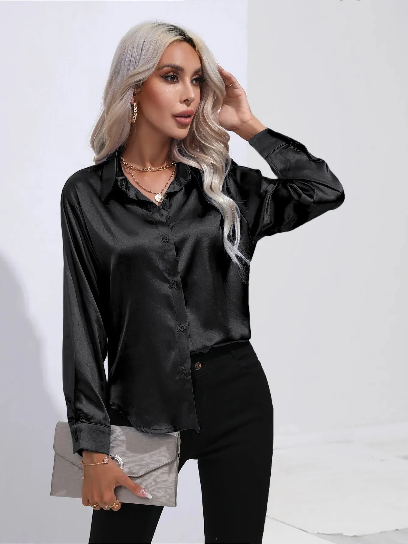 Celmia Office Lady Satin BlouseLong Sleeve