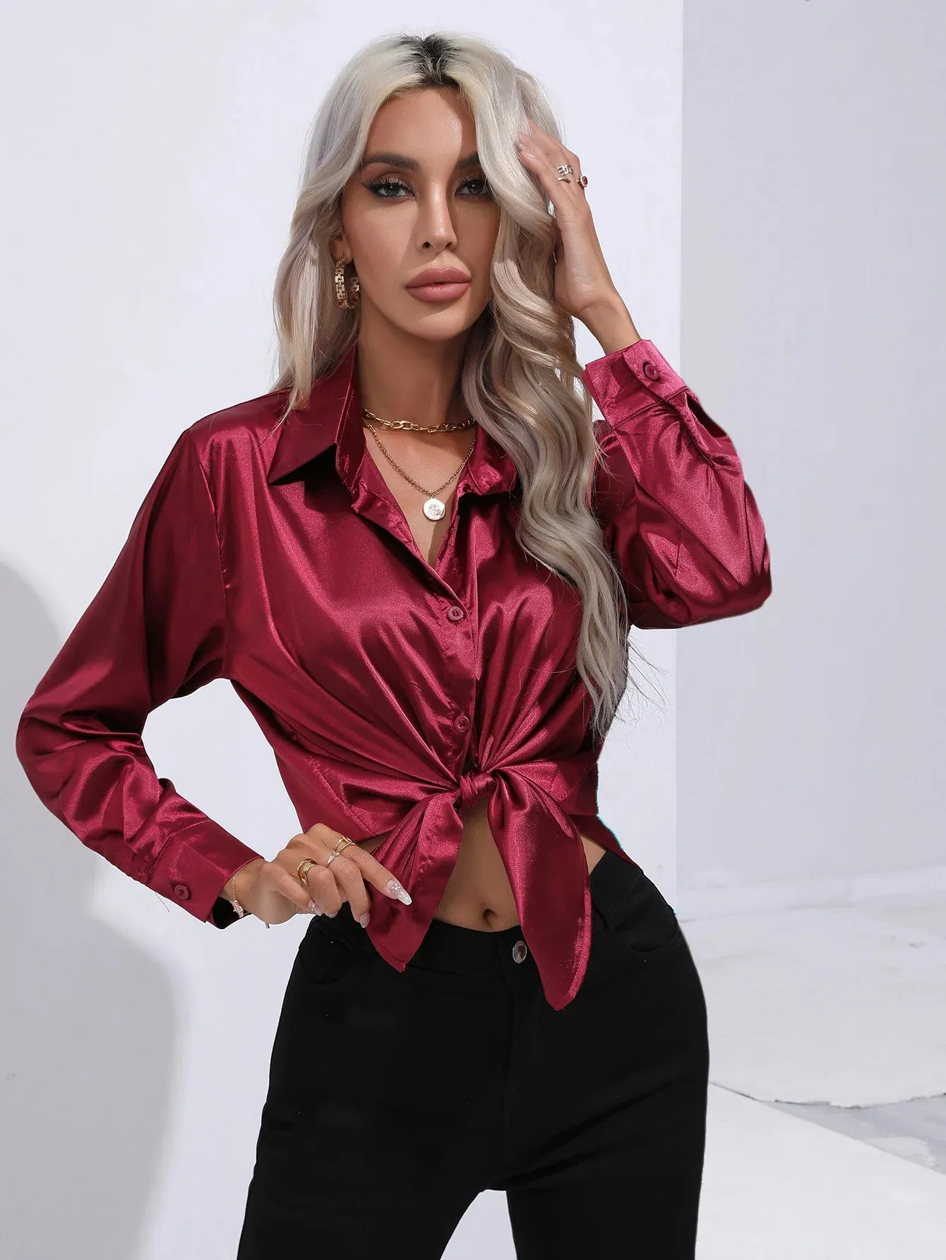 Celmia Office Lady Satin BlouseLong Sleeve