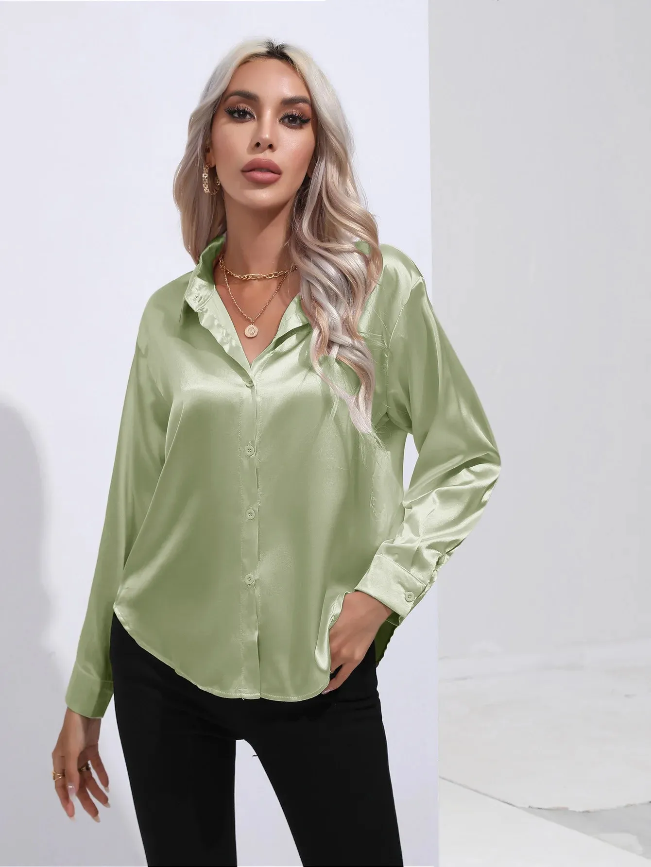 Celmia Office Lady Satin BlouseLong Sleeve