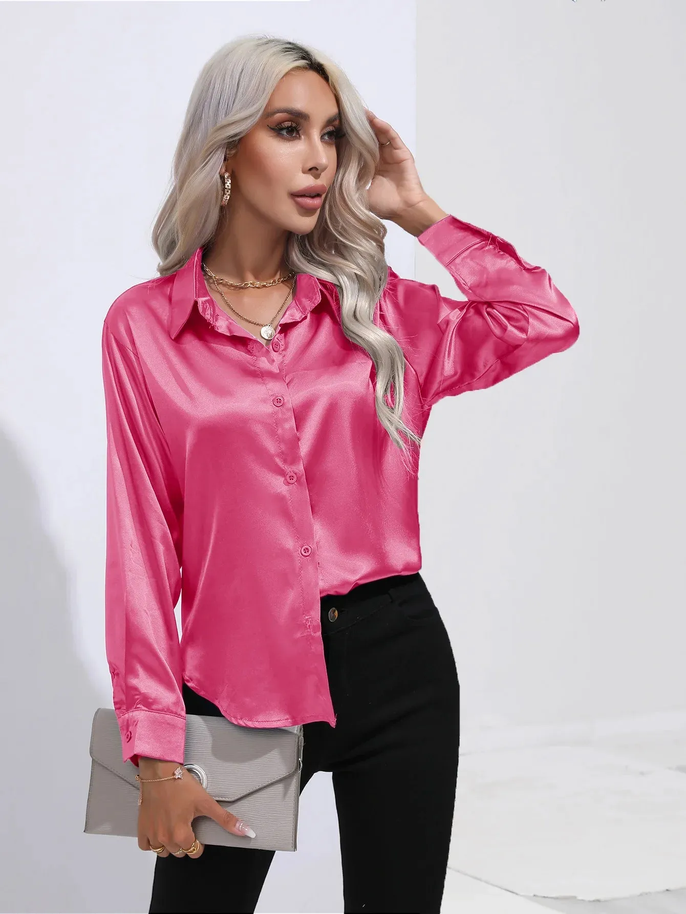 Celmia Office Lady Satin BlouseLong Sleeve