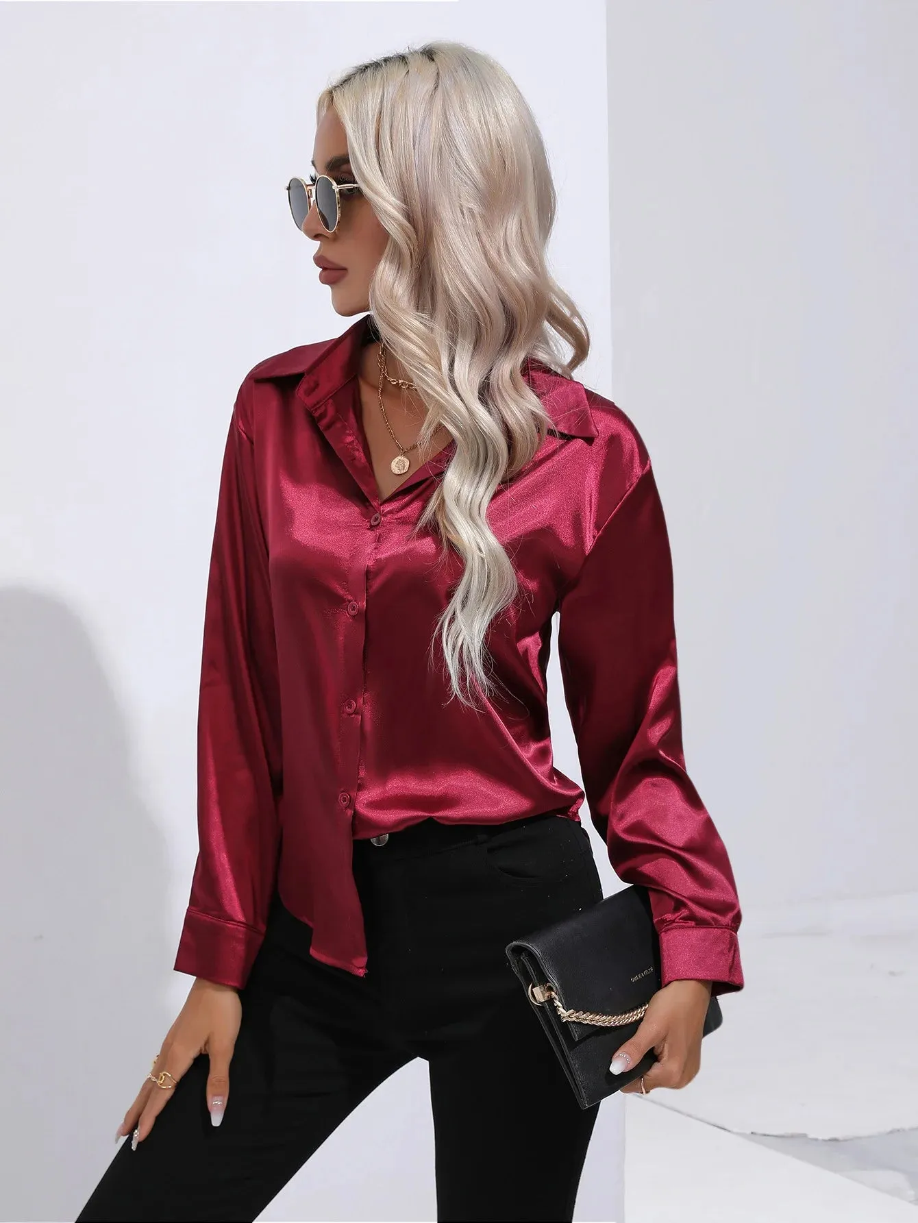 Celmia Office Lady Satin BlouseLong Sleeve