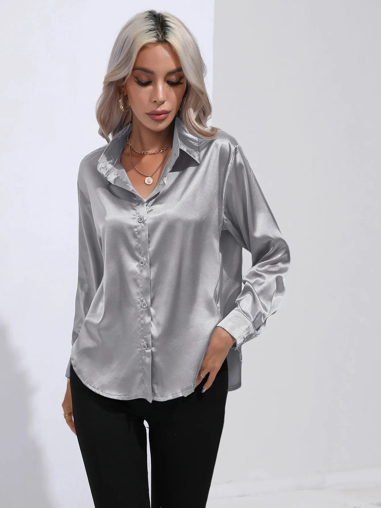 Celmia Office Lady Satin BlouseLong Sleeve