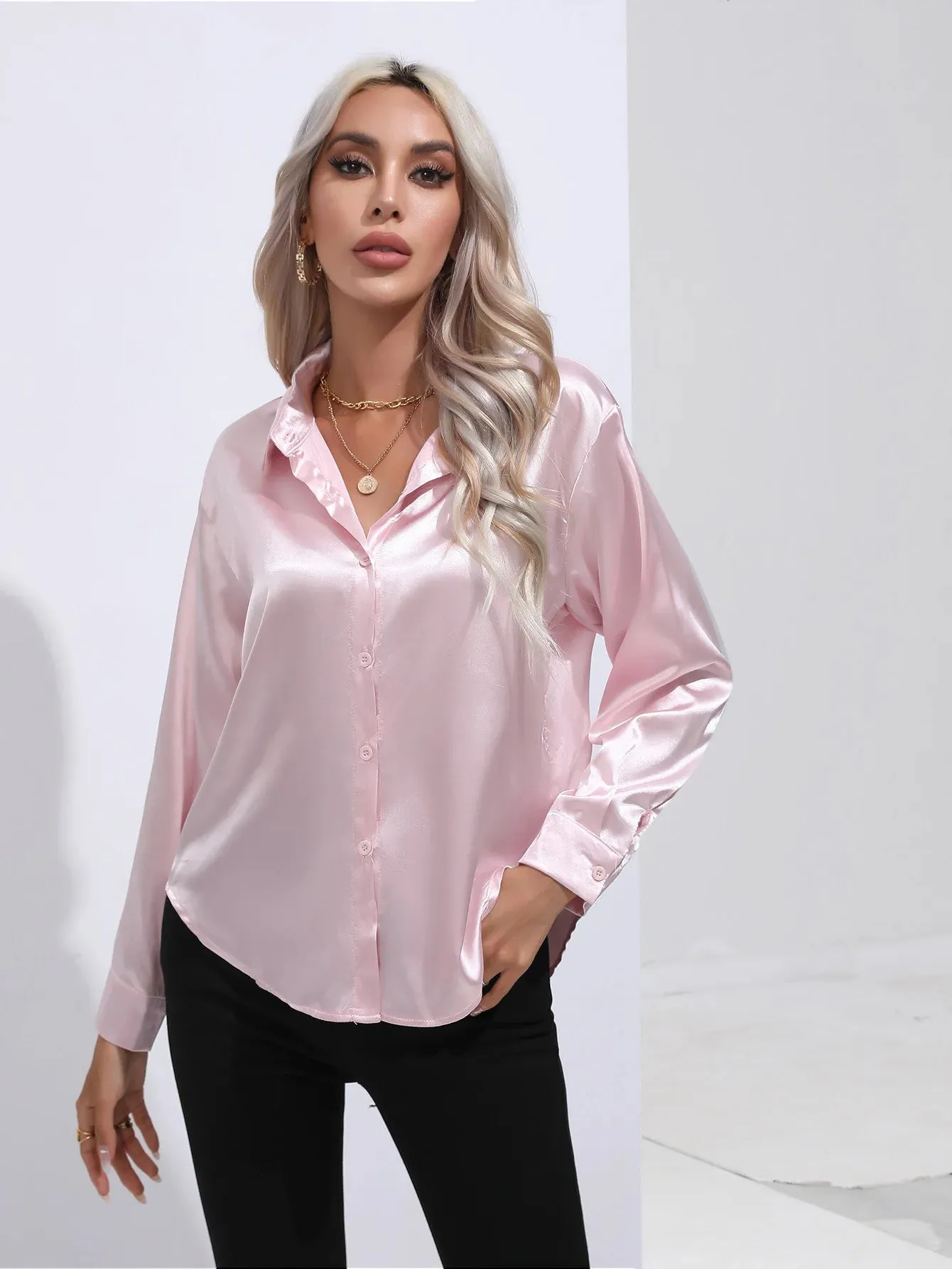 Celmia Office Lady Satin BlouseLong Sleeve