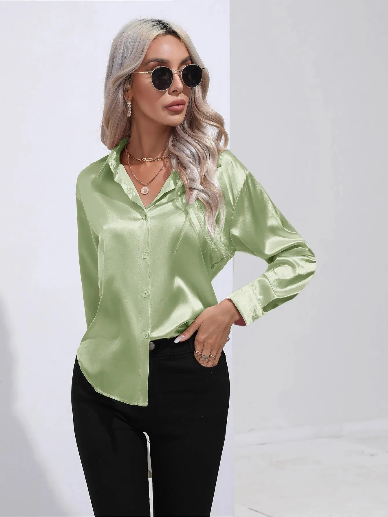 Celmia Office Lady Satin BlouseLong Sleeve