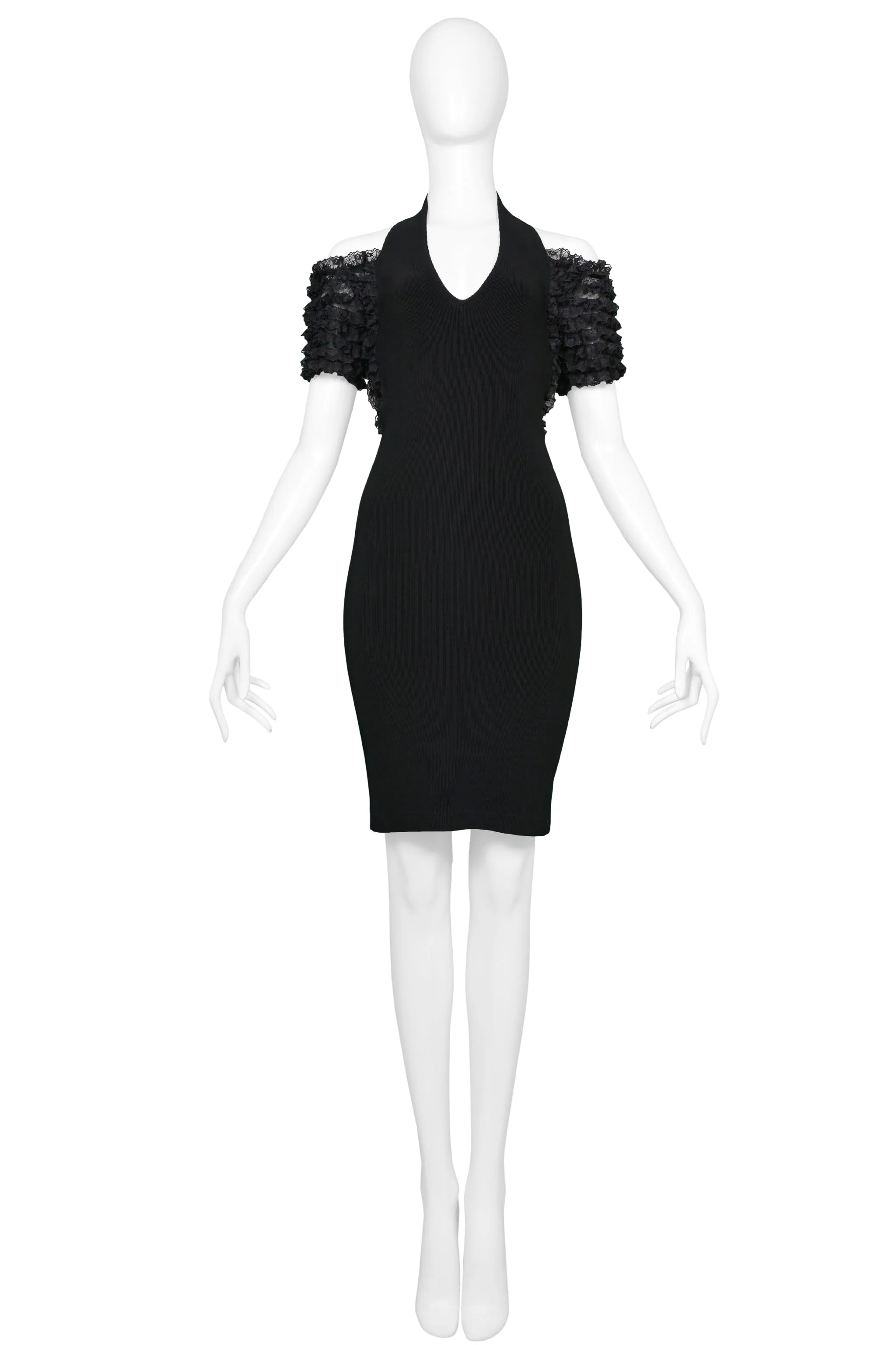 CHANTAL THOMASS BLACK BODYCON HALTER DRESS WITH RUFFLES 1992