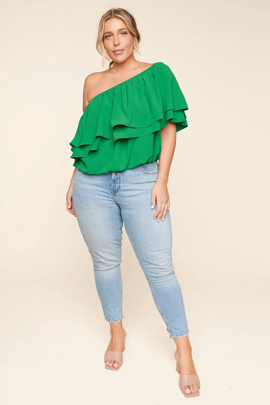 Charmer One Shoulder Ruffle Top Curve