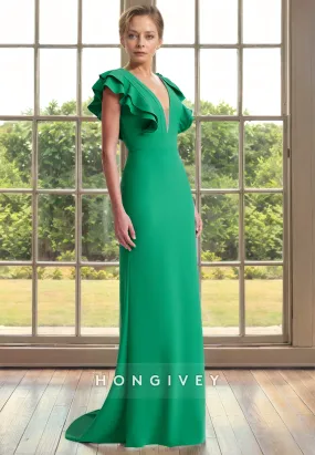 Chic Satin Fitted V-Neck Ruffled Mother of the Bride Dress