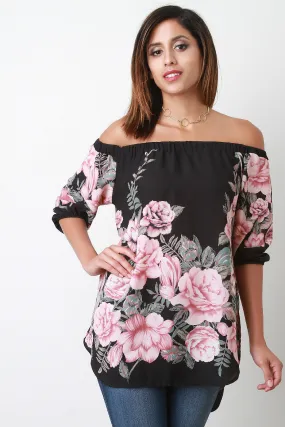 Chiffon Floral Elbow Sleeve Off-The-Shoulder Blouse