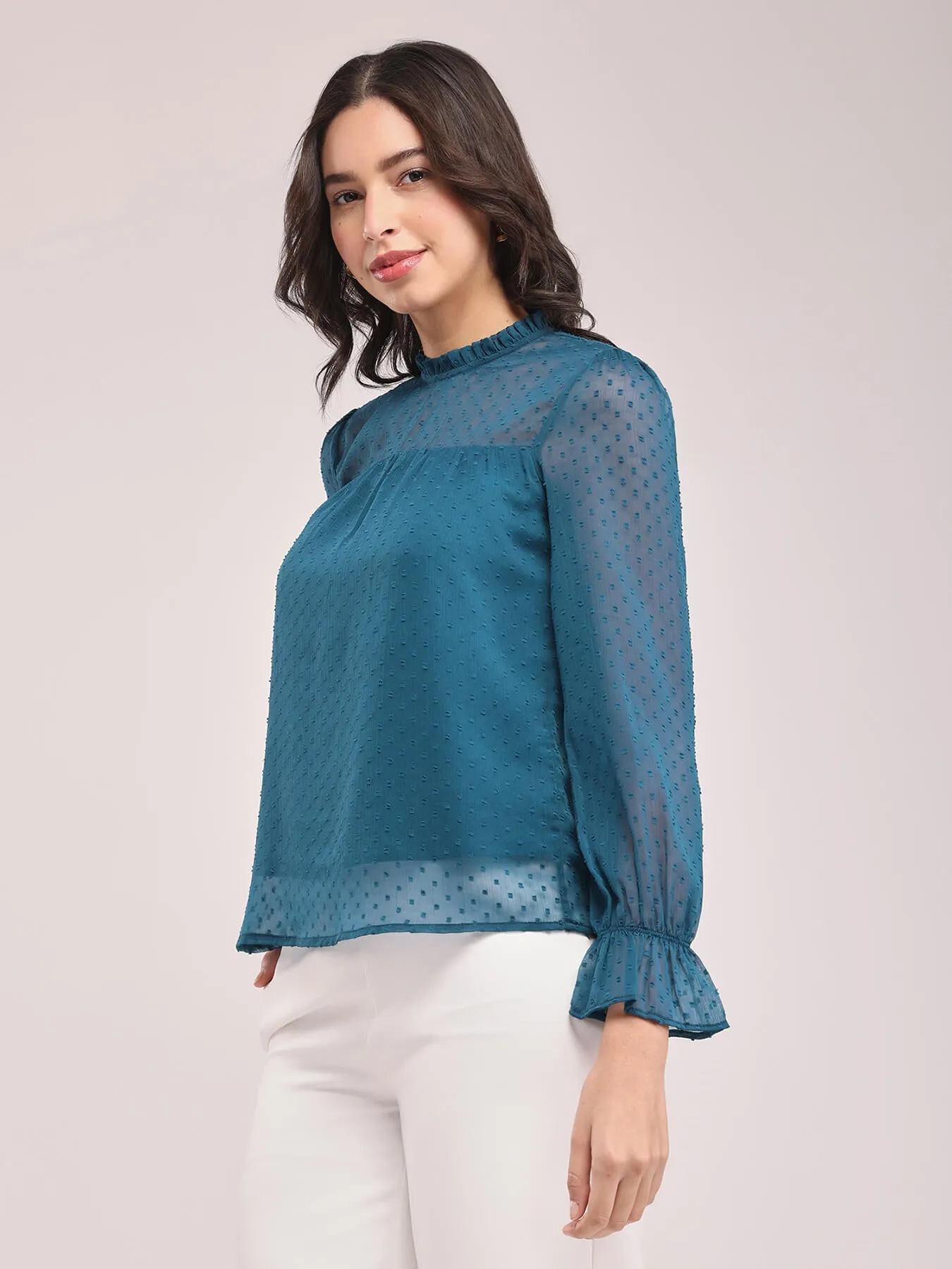 Chiffon Ruffle Neck Top - Teal