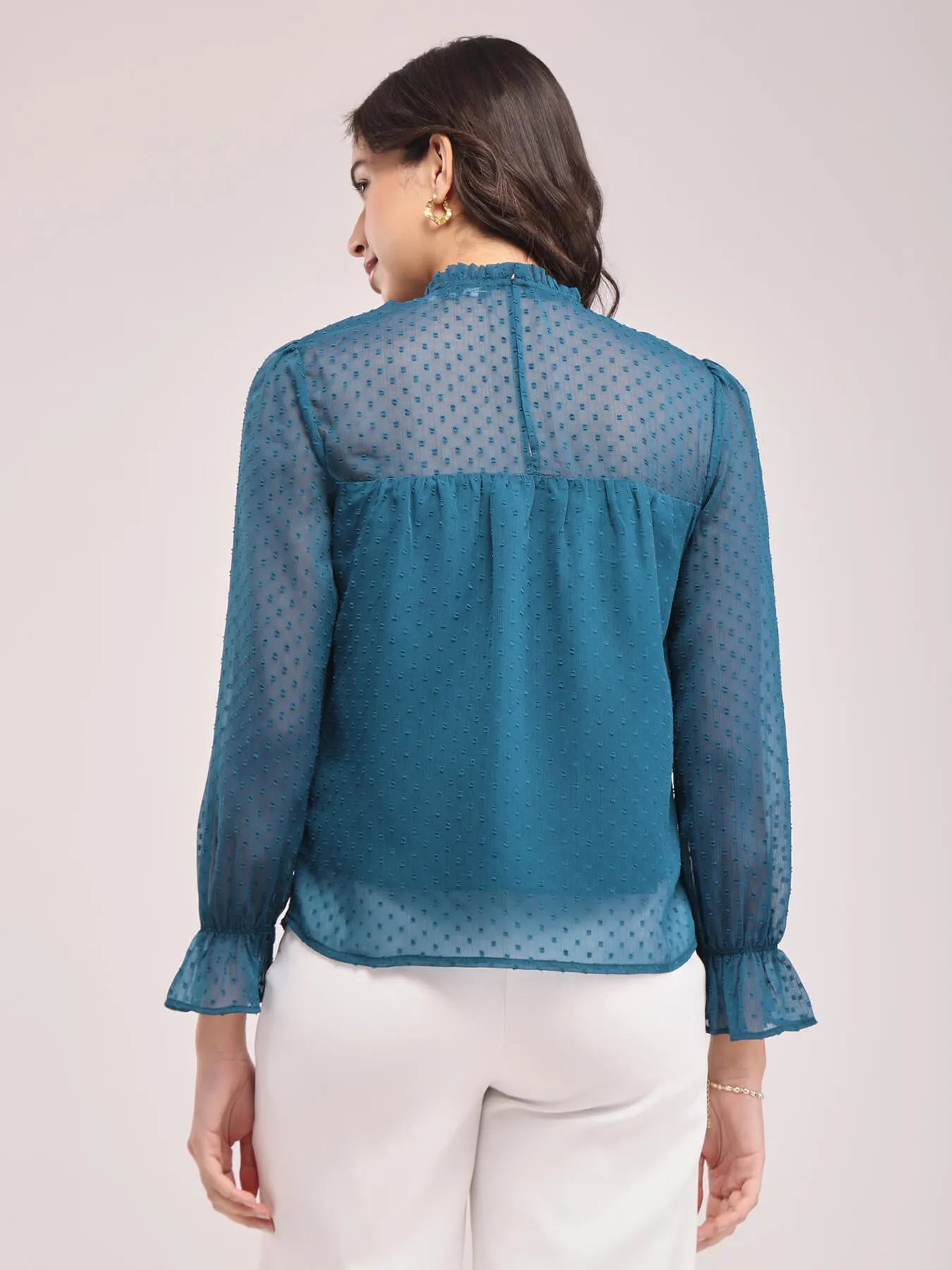 Chiffon Ruffle Neck Top - Teal