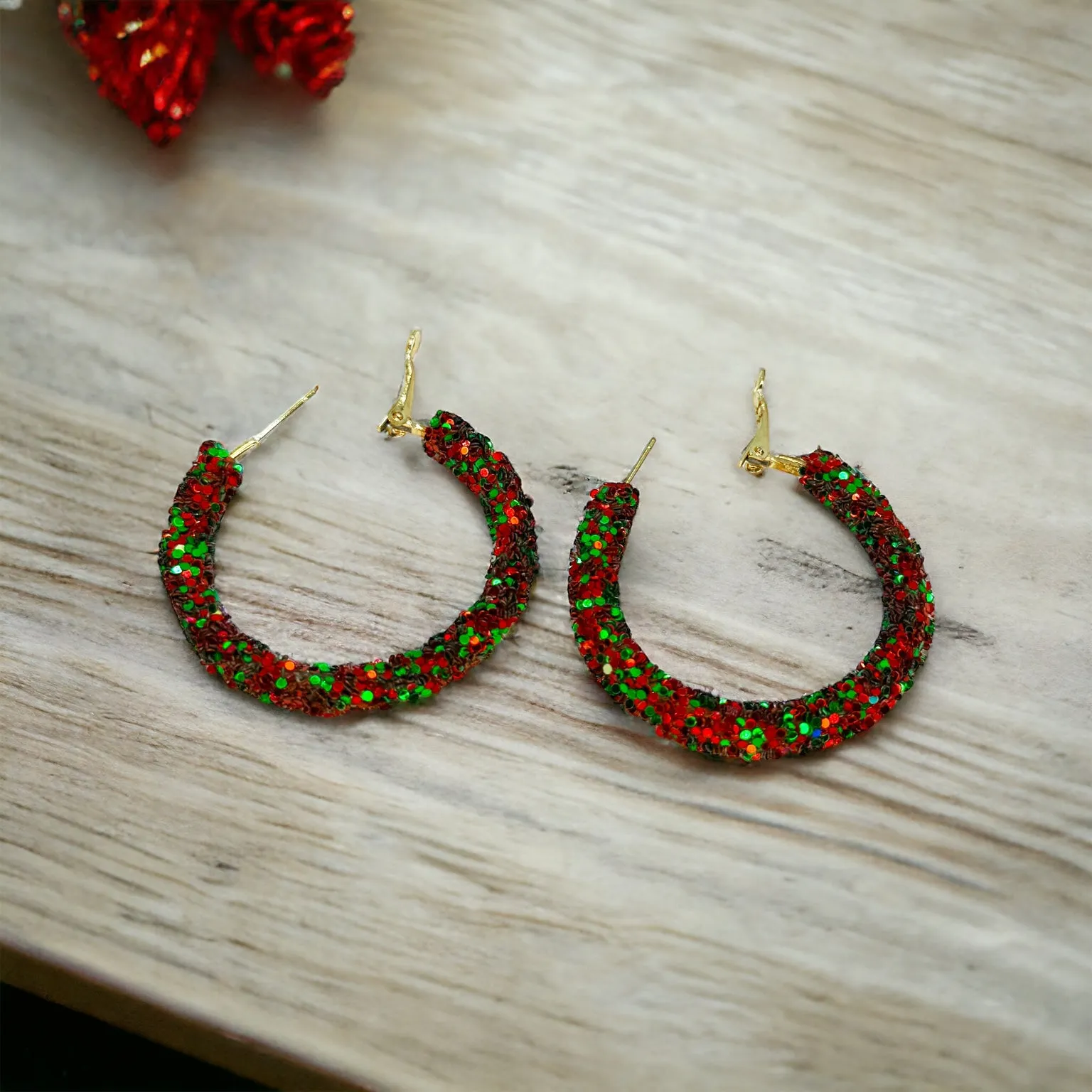 Christmas Hoops - Red and Green Hoops, Handmade Earrings, Glitter Earrings, Christmas Jewelry, Handmade Jewelry