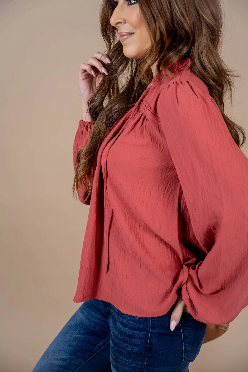 Cinched Trim Balloon Sleeve Blouse