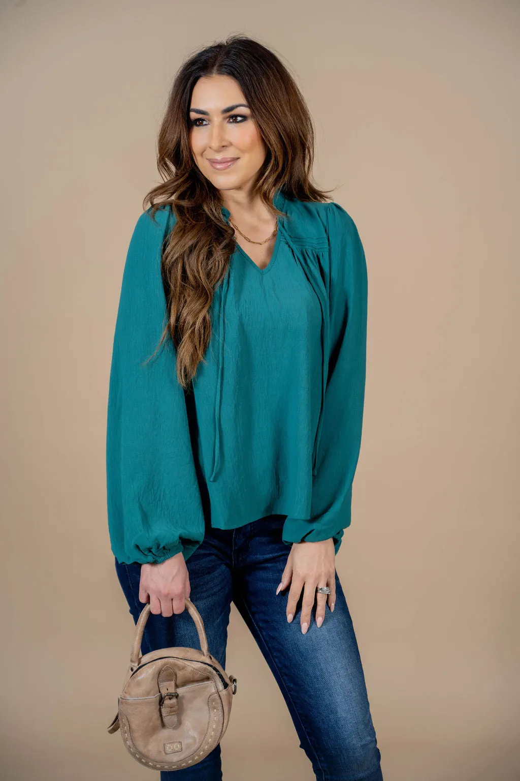 Cinched Trim Balloon Sleeve Blouse