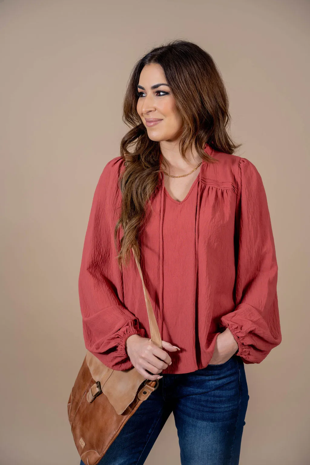 Cinched Trim Balloon Sleeve Blouse