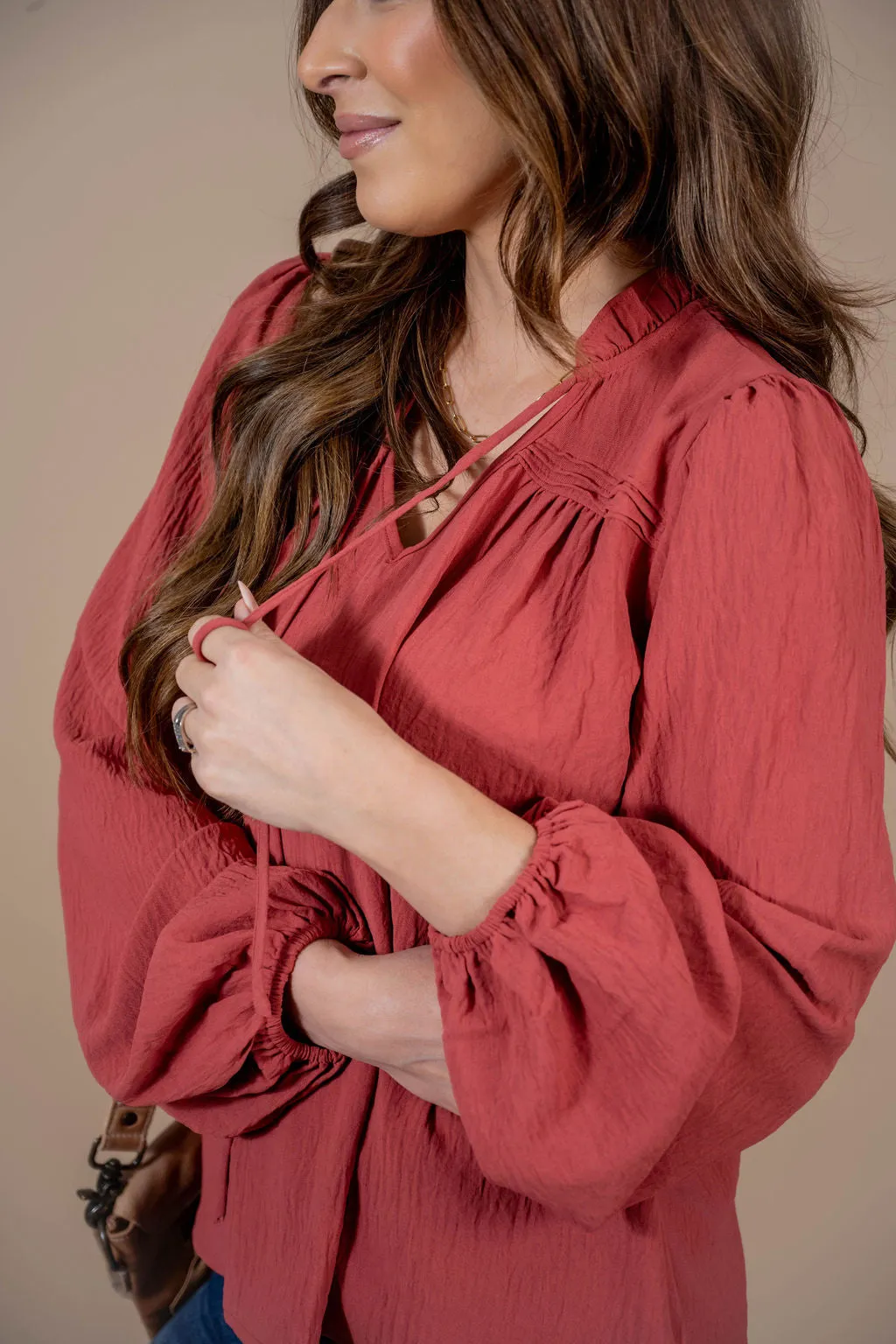 Cinched Trim Balloon Sleeve Blouse