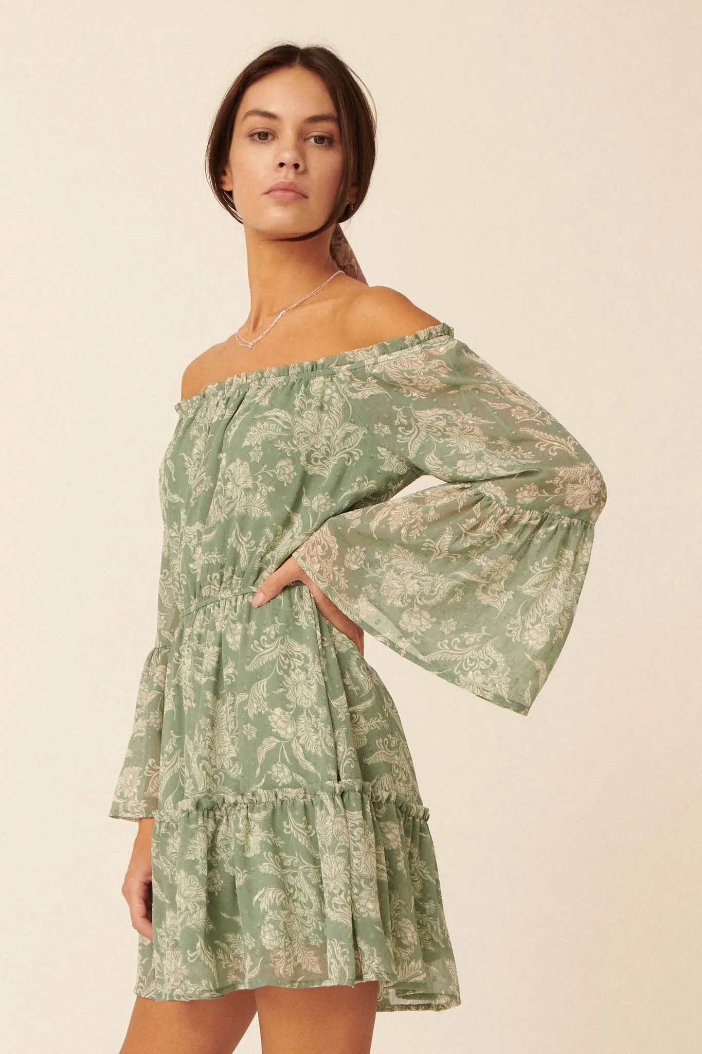 Classical Era Floral Off-Shoulder Mini Dress