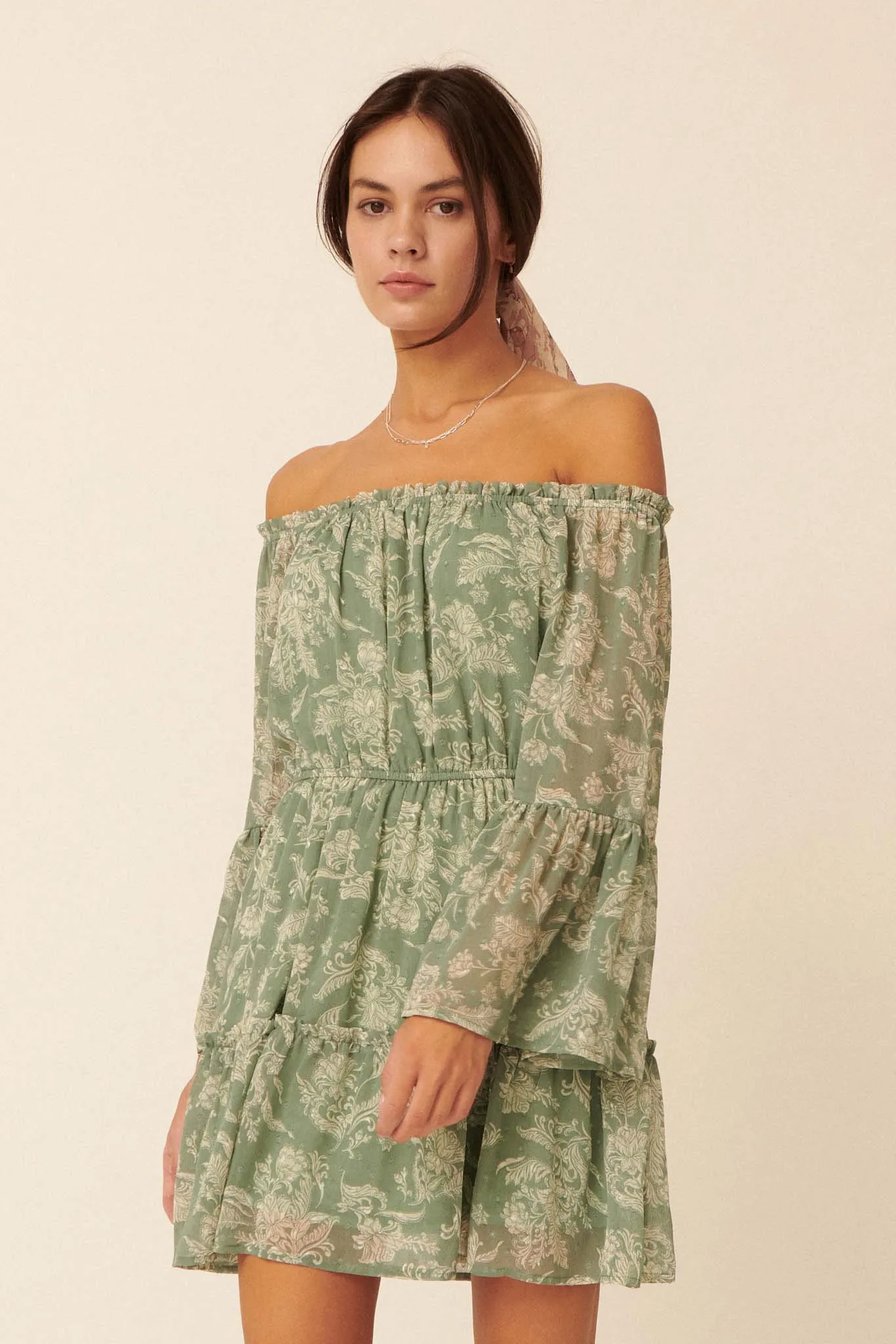 Classical Era Floral Off-Shoulder Mini Dress