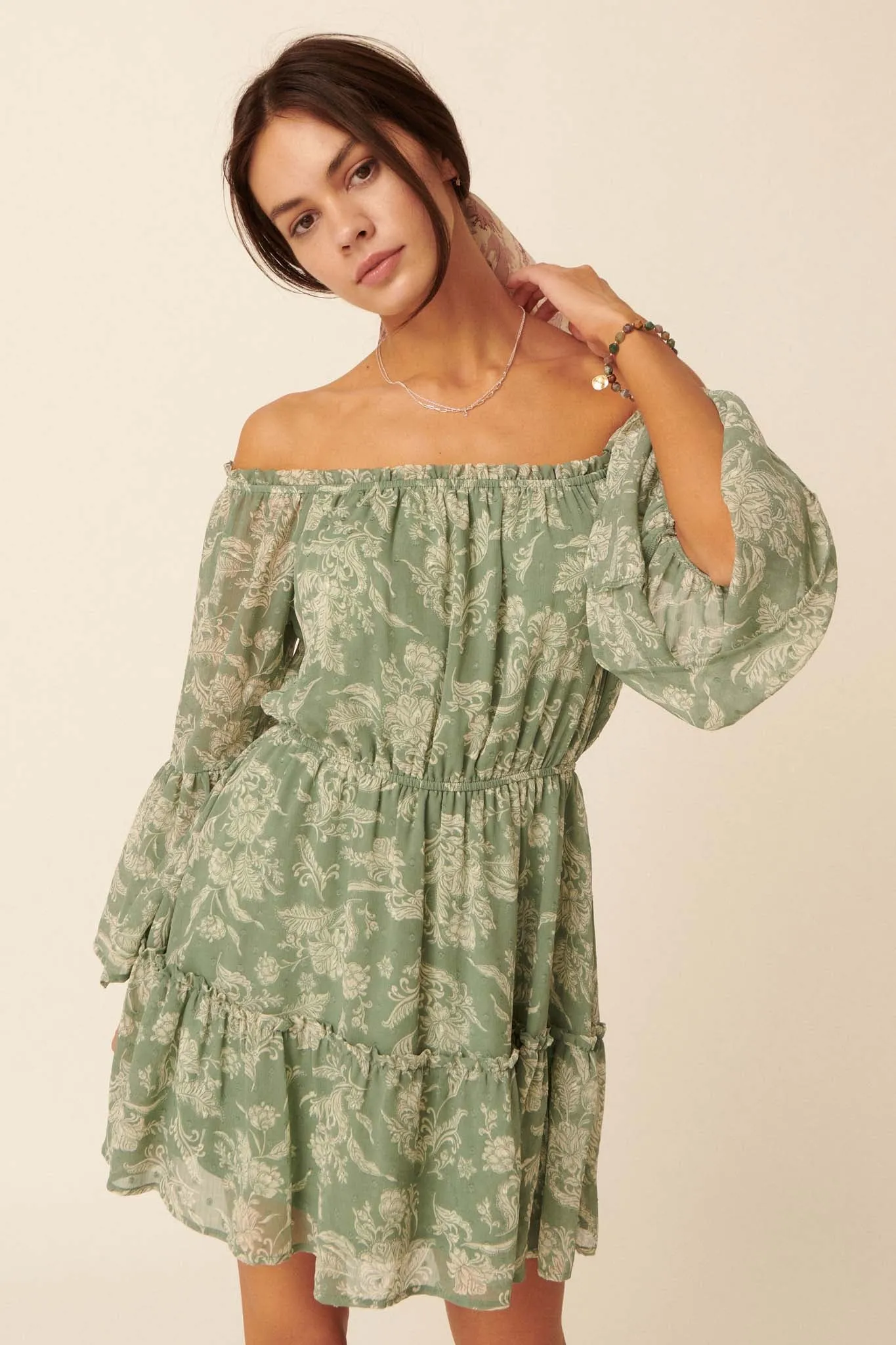 Classical Era Floral Off-Shoulder Mini Dress