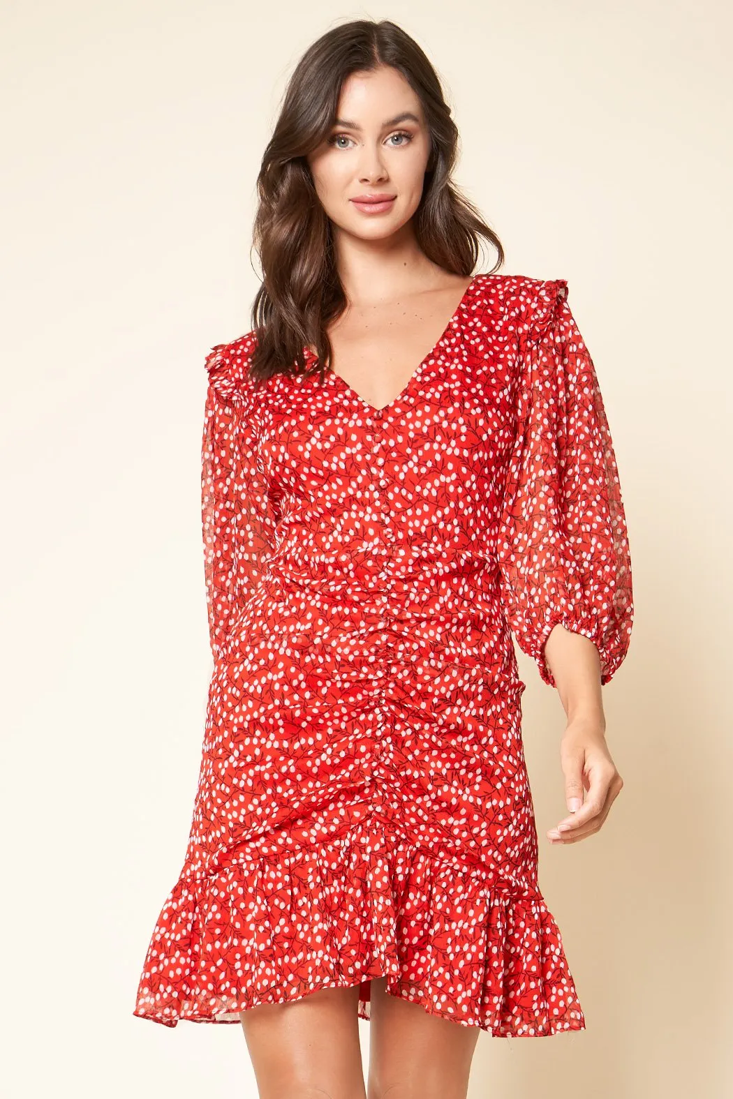 Cleo Floral Print Ruched Ruffle Dress