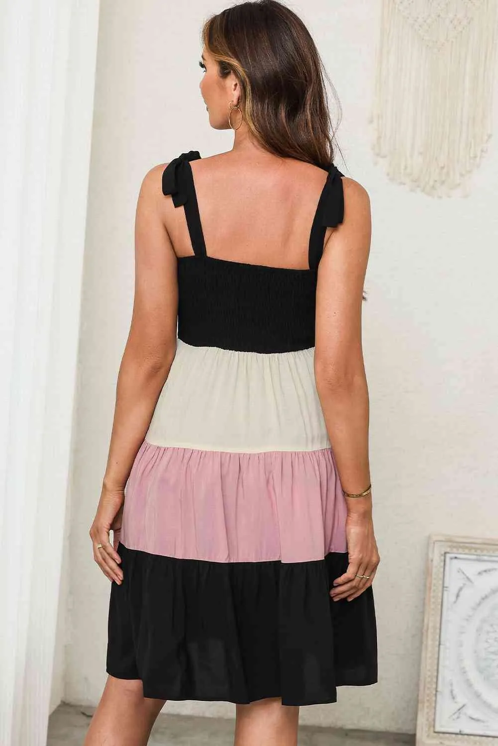 Color Block Tie Shoulder Tiered Dress