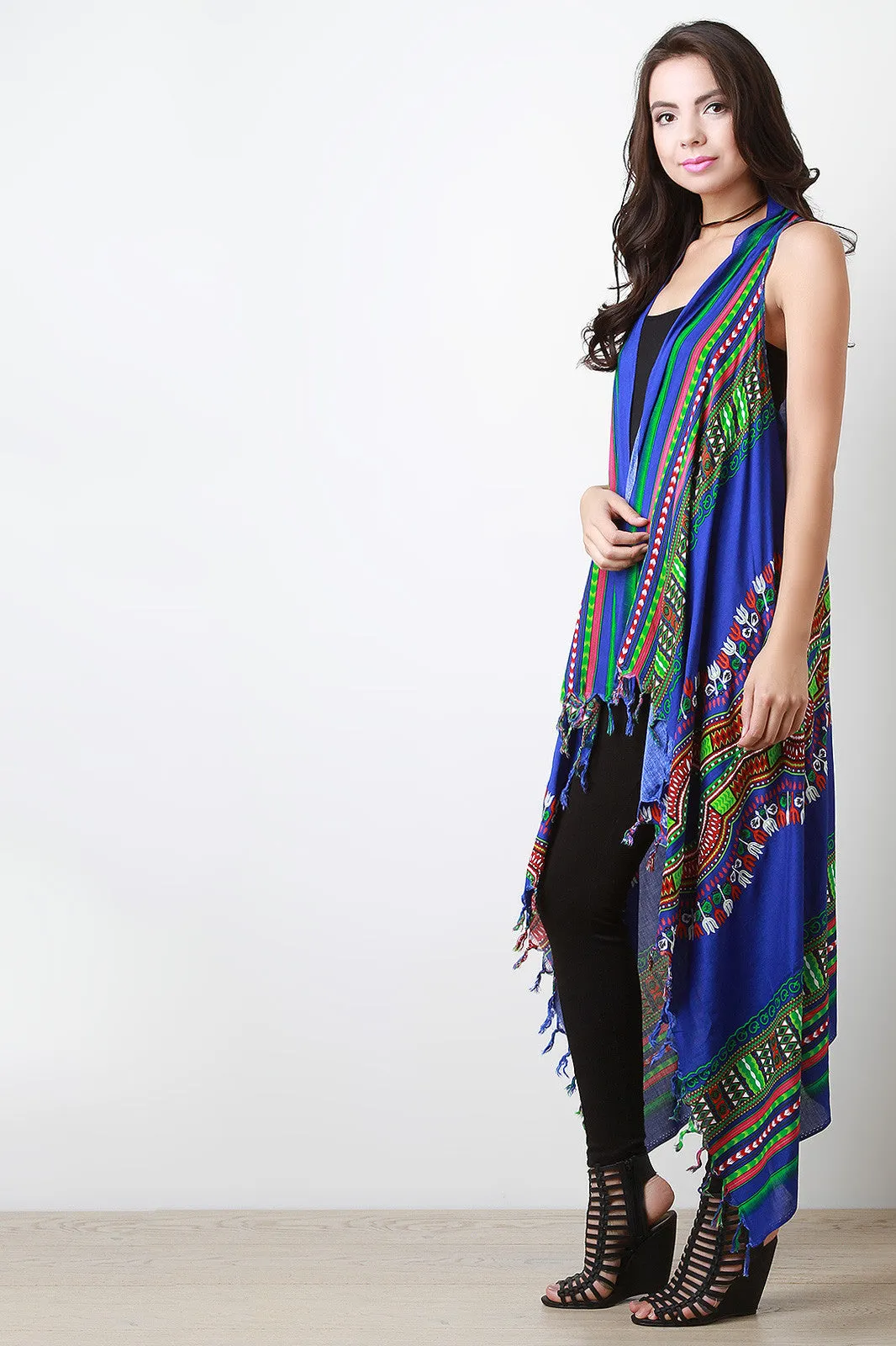 Colorful African Tribal Print Fringe Vest