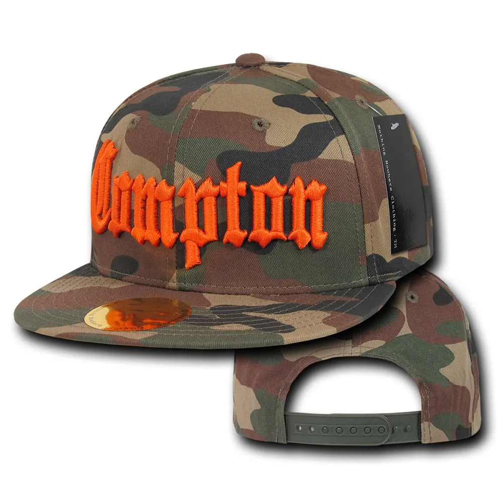 Compton City Camo Snapback Flat Bill Hat, Camo/Orange