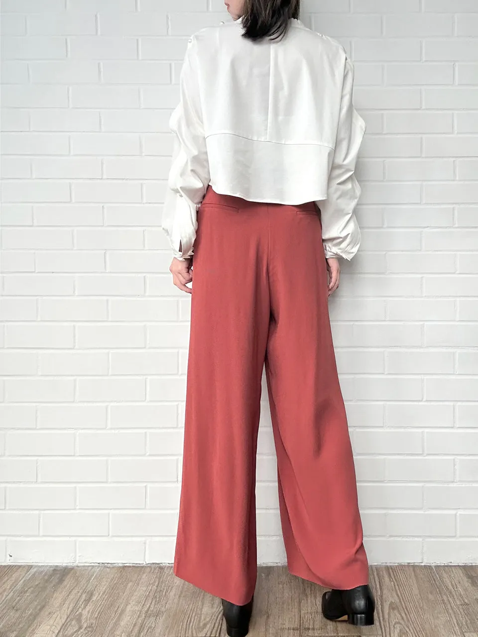 Coral/ Black Contrast Pleated Waist Airy Wide Leg Trousers