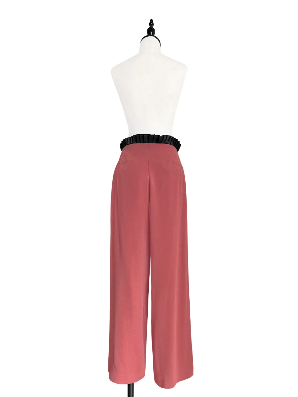 Coral/ Black Contrast Pleated Waist Airy Wide Leg Trousers