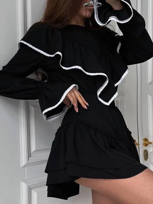 Crew Neck Long Sleeve Ruffle Mini Dress