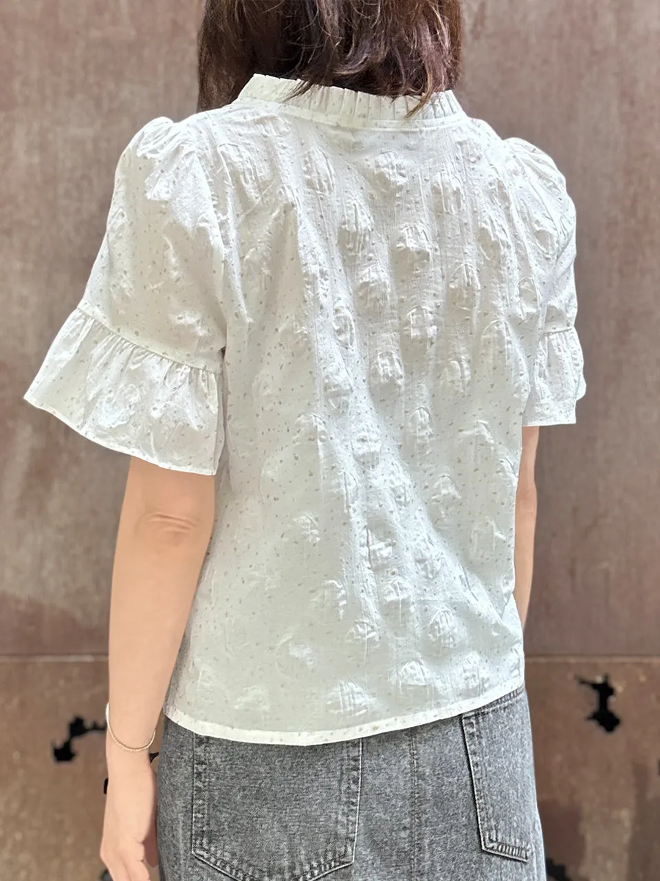 Crispy White Golden Dotty Ruffle Short Sleeves Blouse