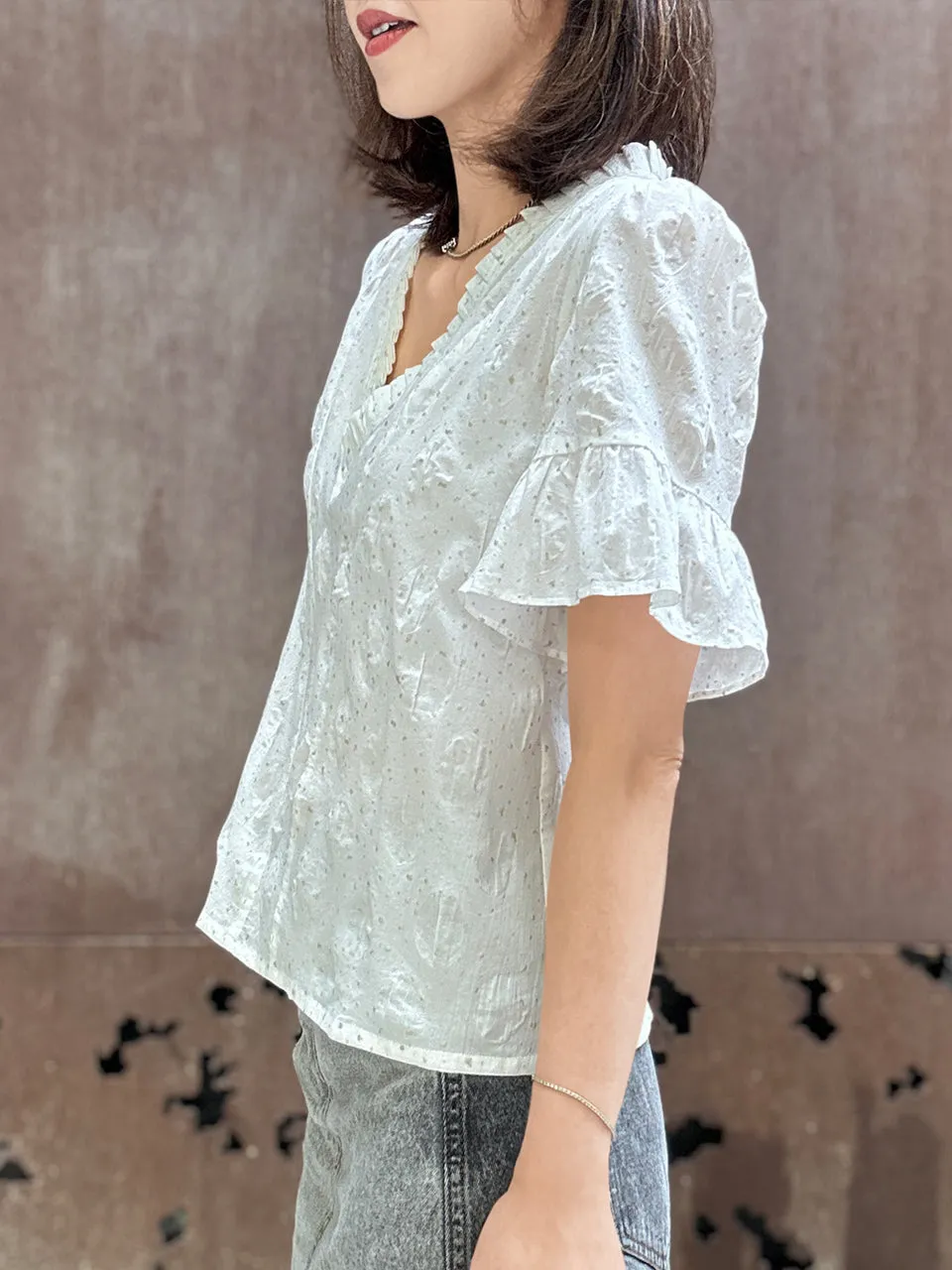 Crispy White Golden Dotty Ruffle Short Sleeves Blouse