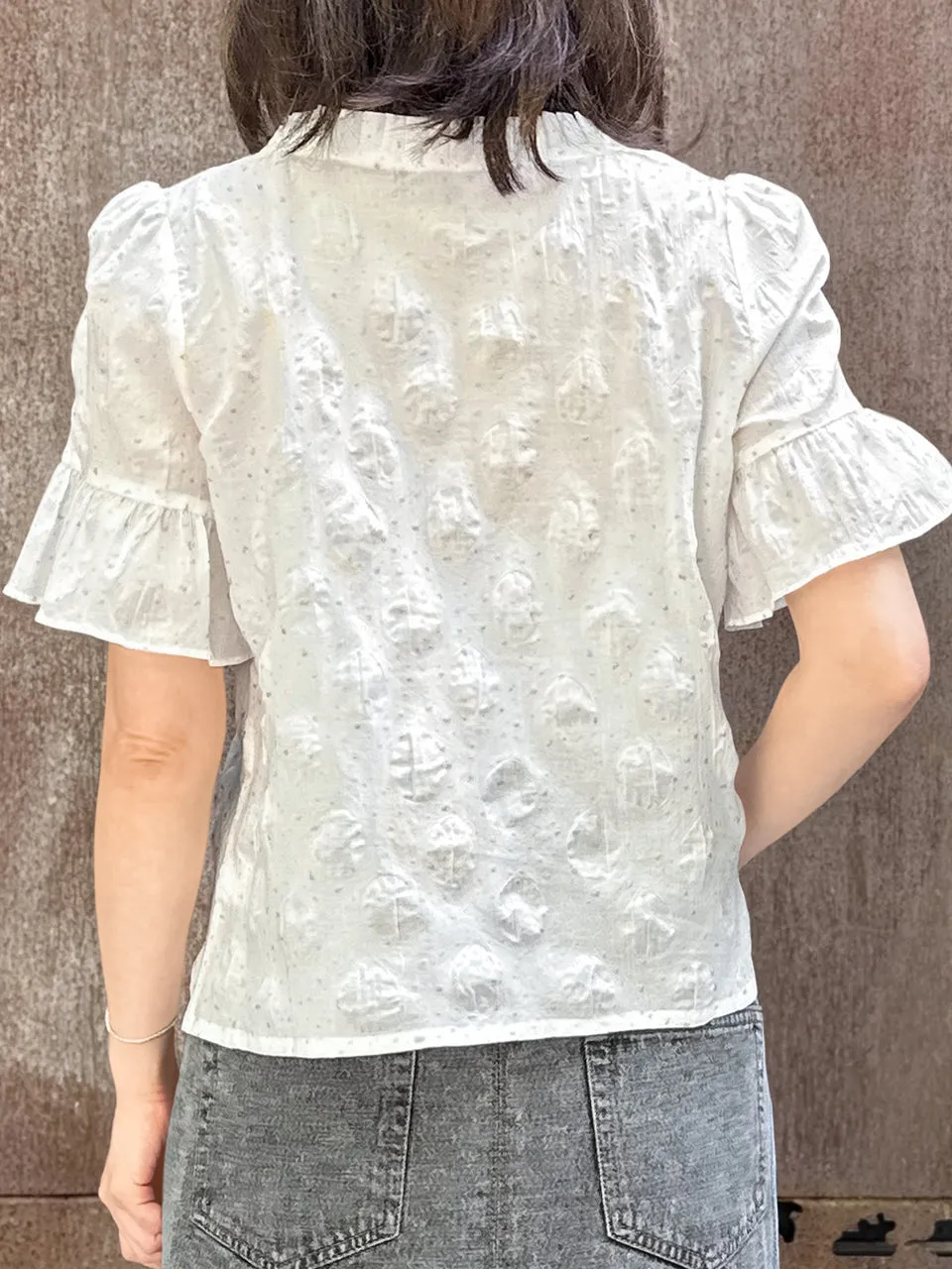 Crispy White Golden Dotty Ruffle Short Sleeves Blouse