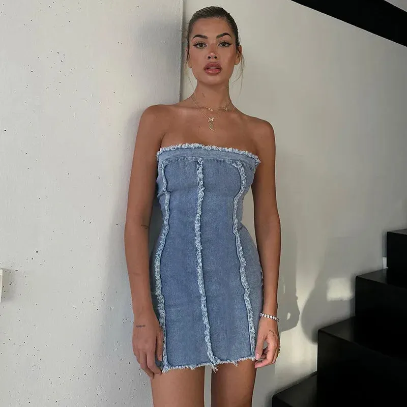 Denim Bodycon Solid Color Frayed Raw Strapless Party Club Mini Dress