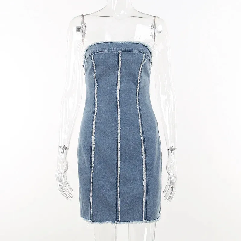 Denim Bodycon Solid Color Frayed Raw Strapless Party Club Mini Dress