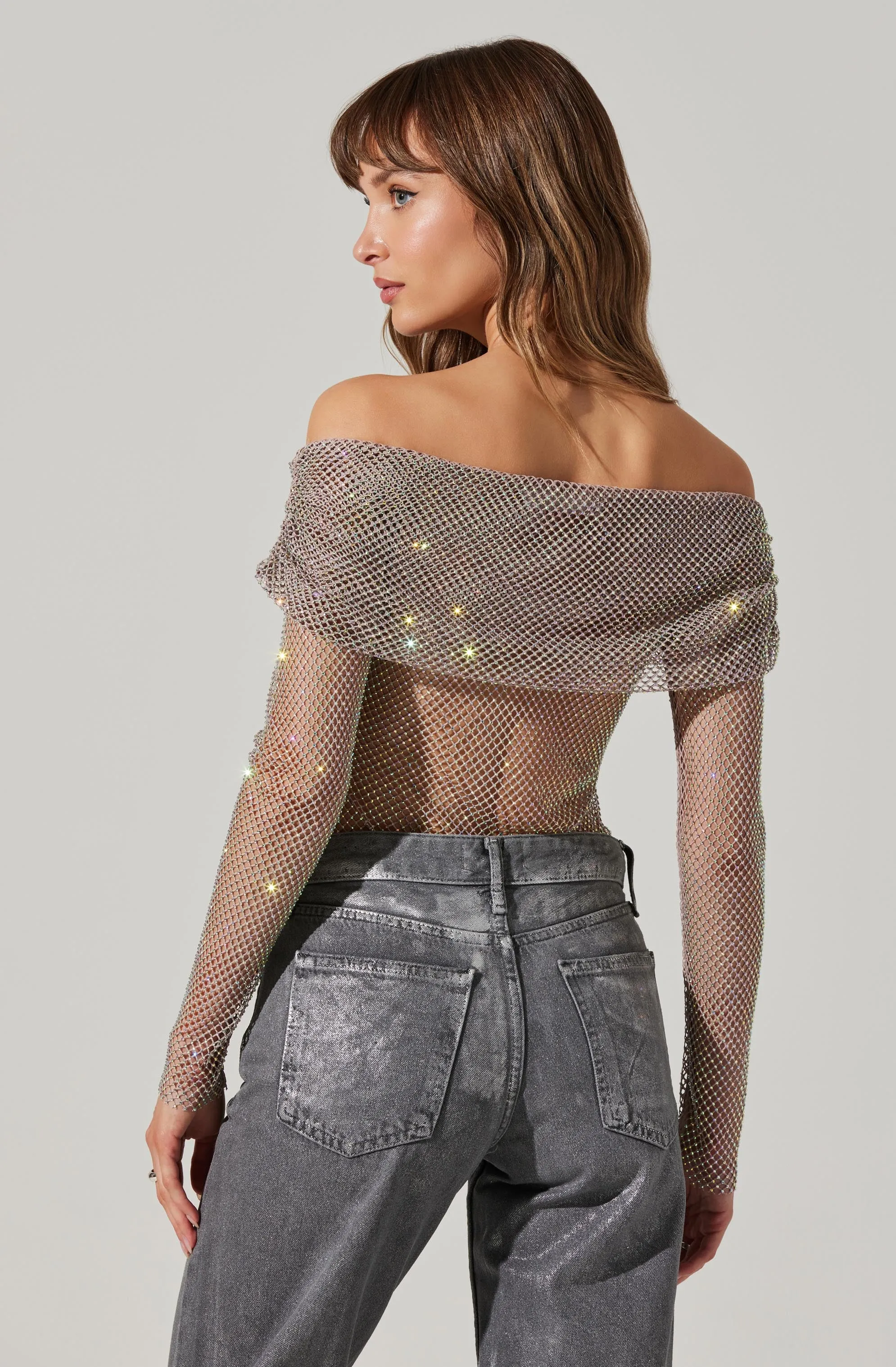 Diamante Rhinestone Mesh Off Shoulder Top