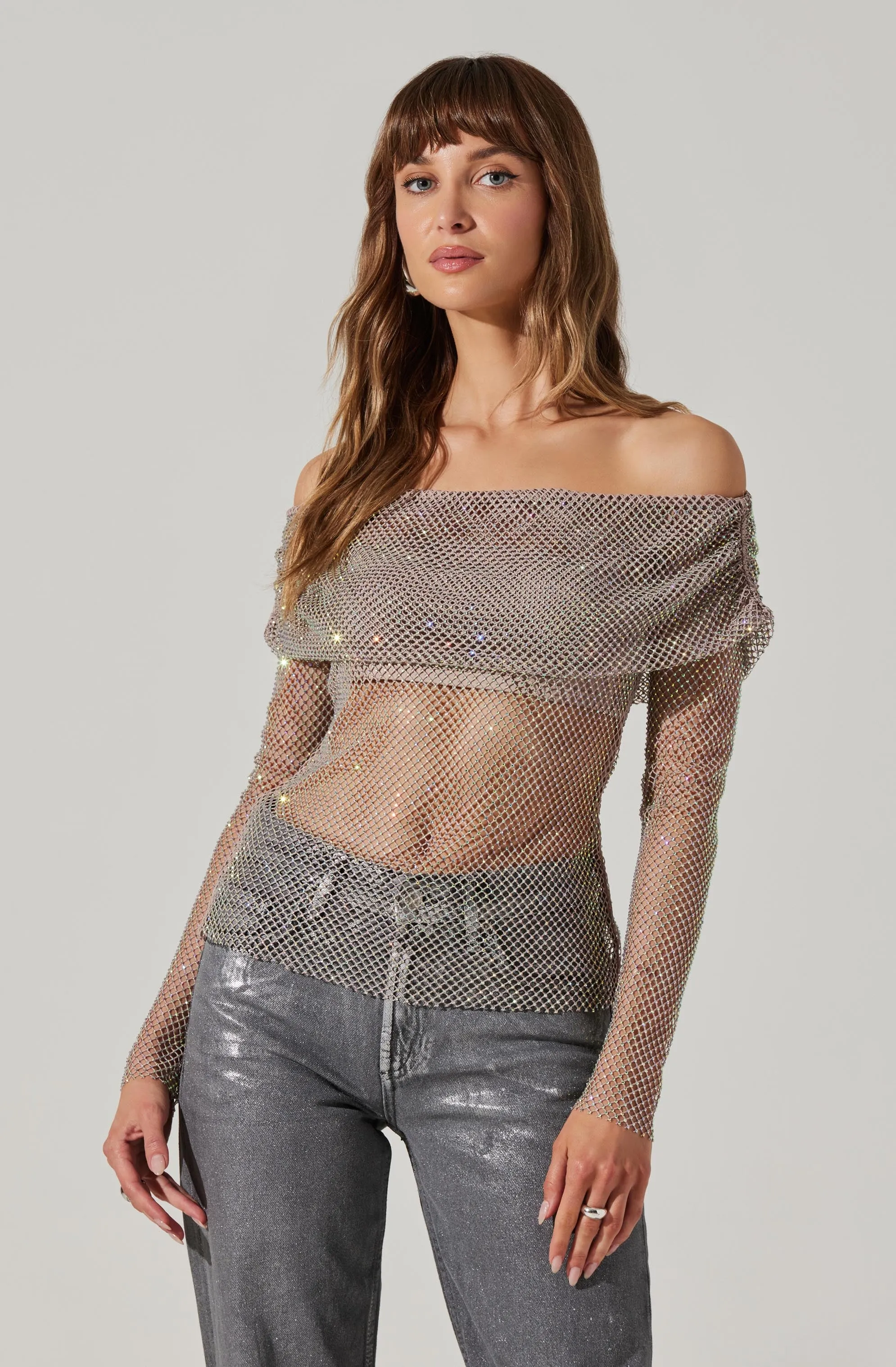 Diamante Rhinestone Mesh Off Shoulder Top