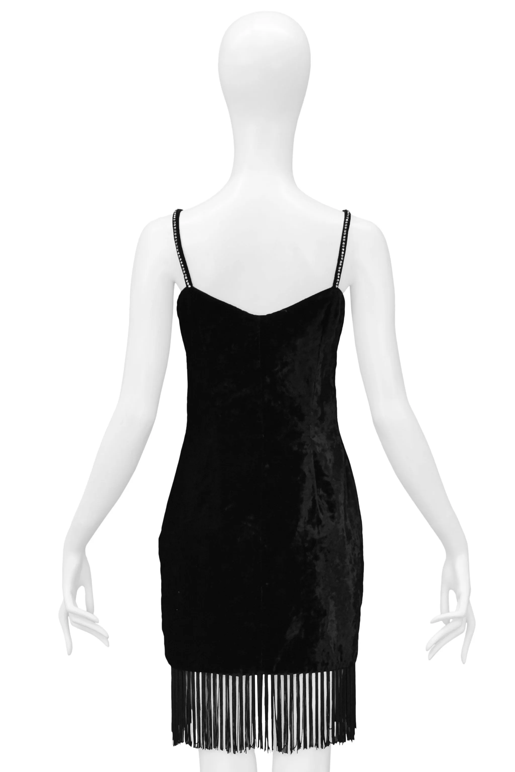 DOLCE & GABBANA BLACK VELVET MINI DRESS W/ FRINGE HEM & RHINESTONE STRAPS