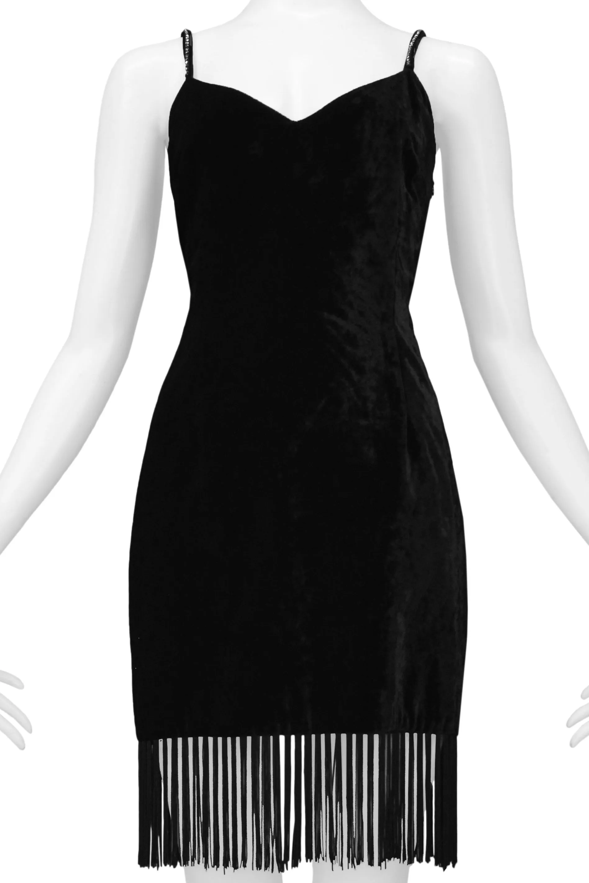 DOLCE & GABBANA BLACK VELVET MINI DRESS W/ FRINGE HEM & RHINESTONE STRAPS