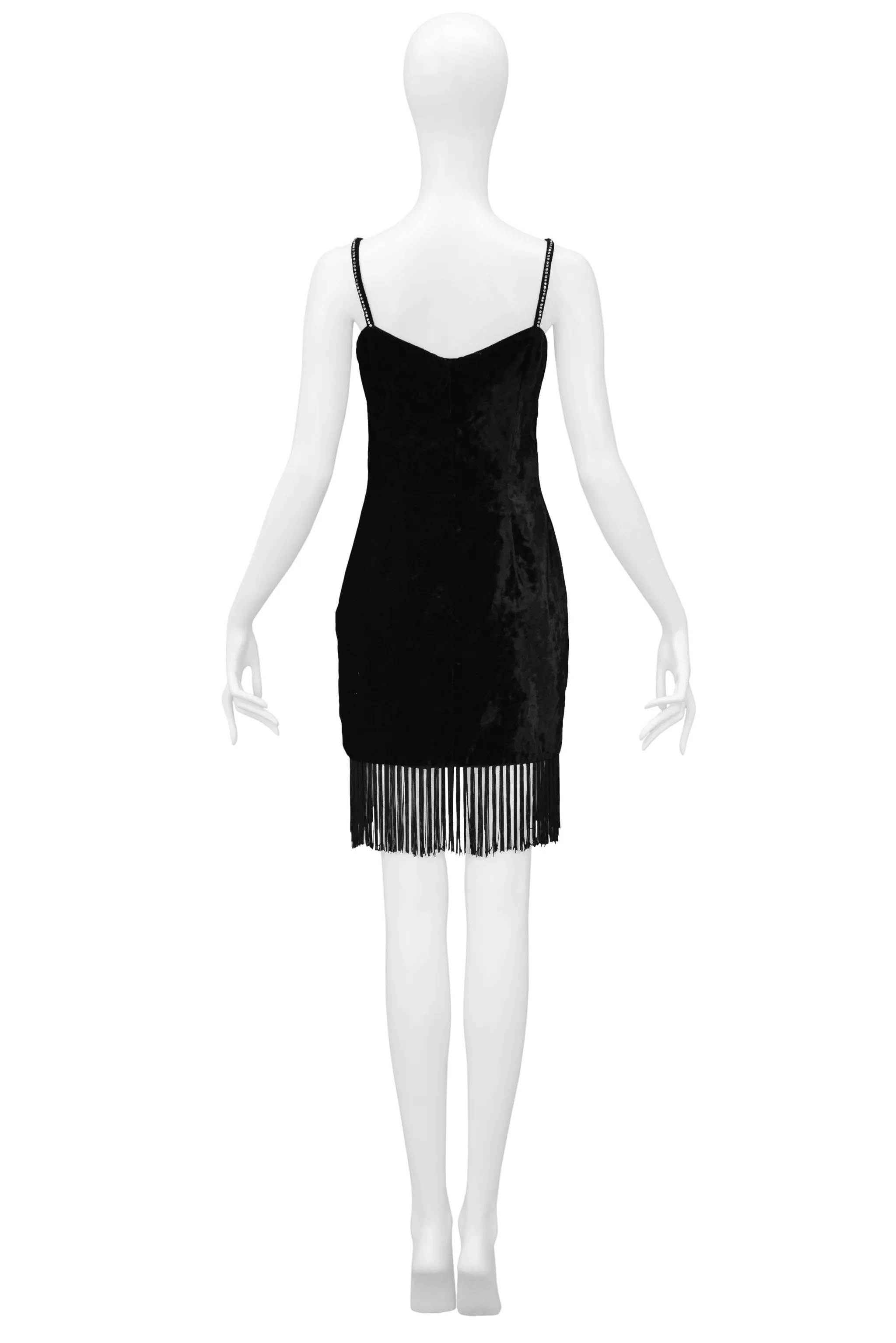 DOLCE & GABBANA BLACK VELVET MINI DRESS W/ FRINGE HEM & RHINESTONE STRAPS