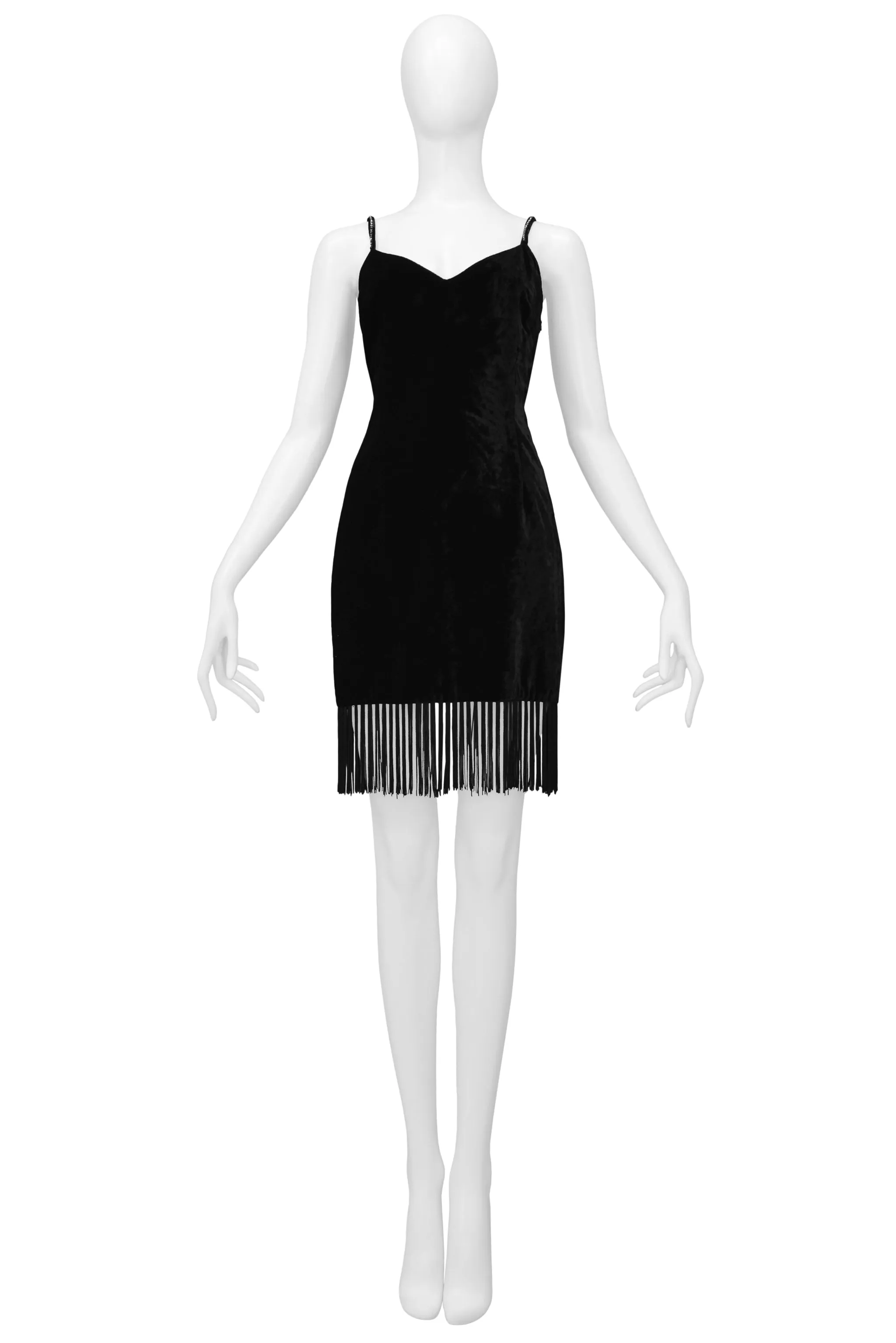 DOLCE & GABBANA BLACK VELVET MINI DRESS W/ FRINGE HEM & RHINESTONE STRAPS