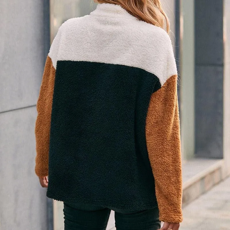 Double Sided Plush Contrast Panel Pocket Sweatshirt