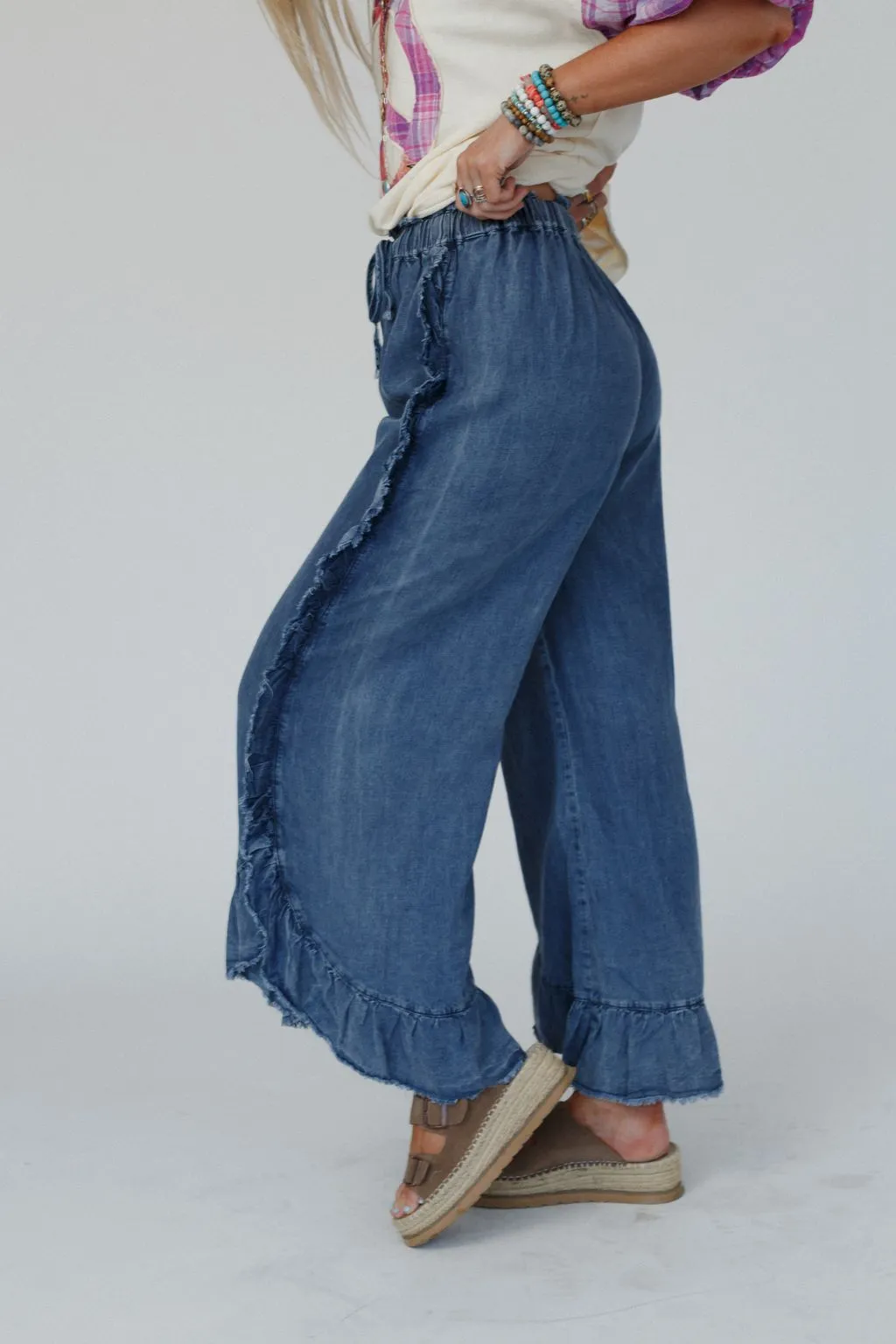 Drift Wave Ruffle Wide Leg Pants - Denim