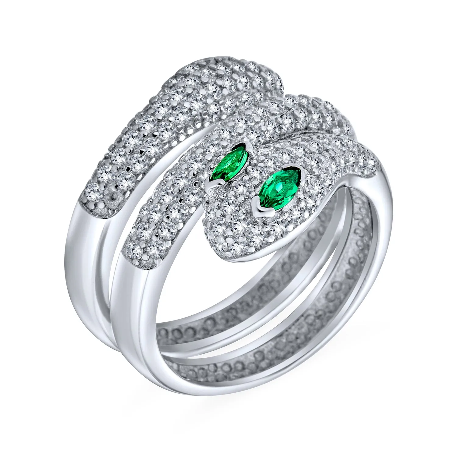 Egyptian Style CZ Emerald Green Eye Bypass Wrap Serpent Snake Ring