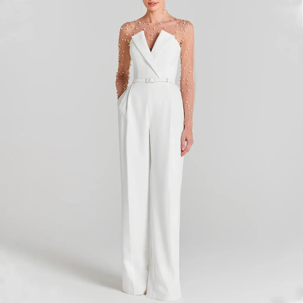 Elegant Pearl Sheer Tulle Bodysuit Lapel Strapless Jumpsuit Matching Set