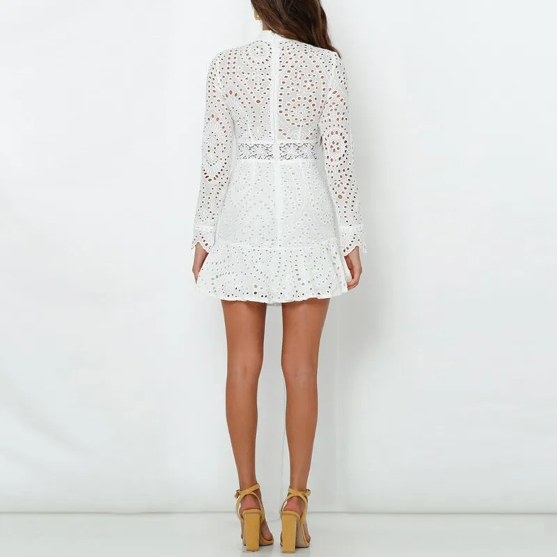 Elegant White Lace Embroidery Mini Party Dress