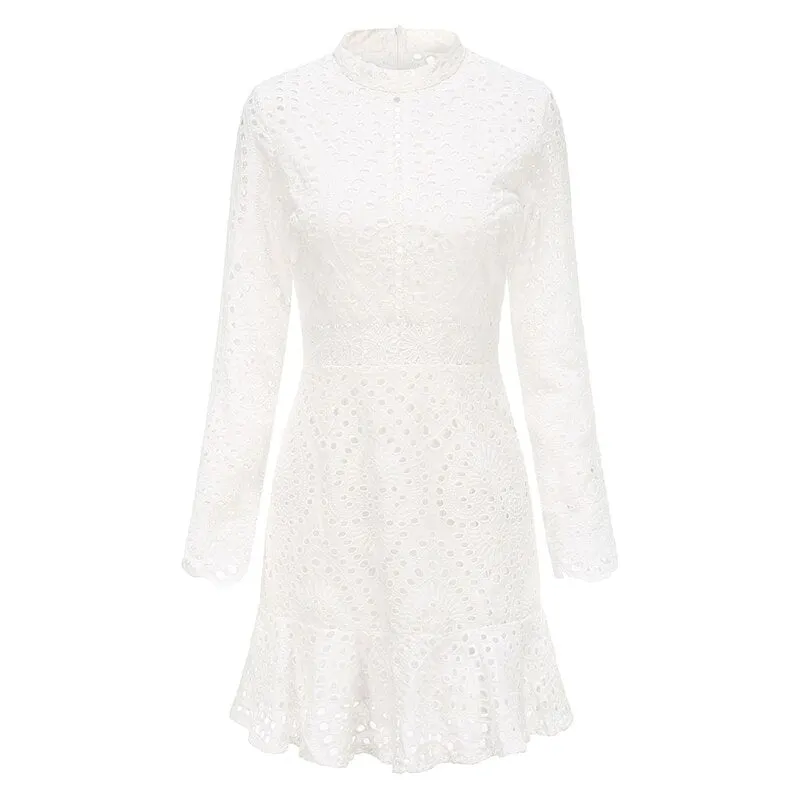 Elegant White Lace Embroidery Mini Party Dress