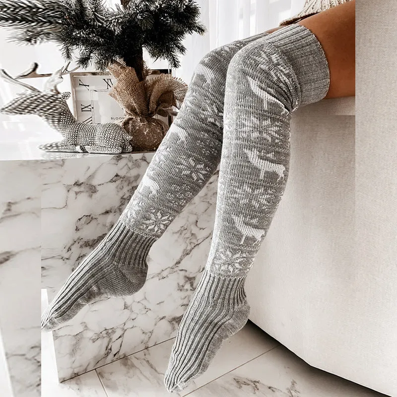 Elk Snowflake Jacquard Over-the-knee Casual Long Socks